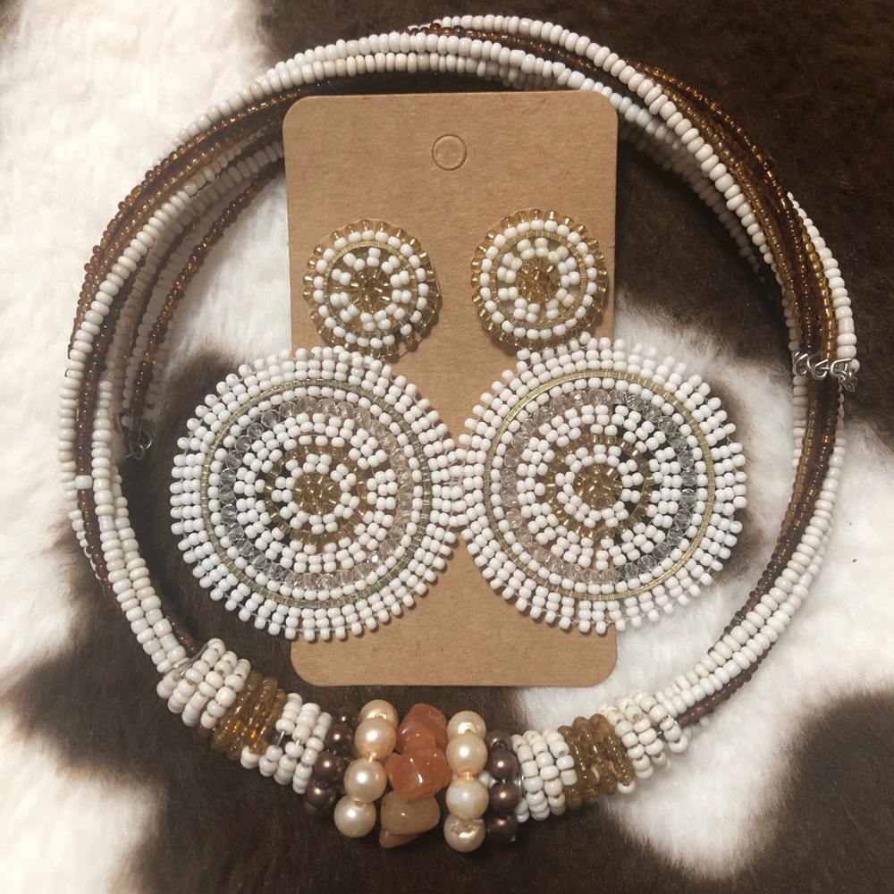 Handcrafted carnelian agate chip glass pearl seed bead choker earring set